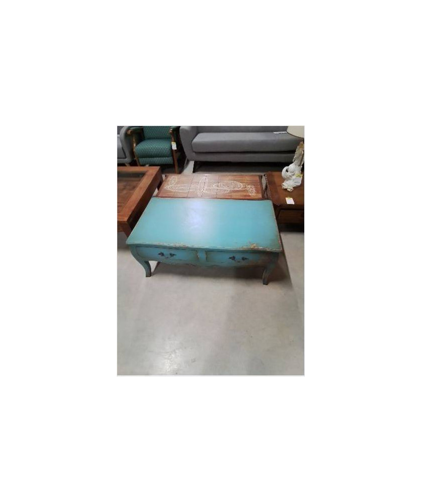 TABLE BASSE STYLE REGENCE  ACAJOU LAQUE  BLEU 2 TIROIRS PLATEAU MDF B 020